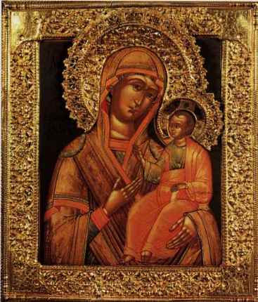 Madre di Dio Odigitria. In questa raffigurazione la Vergine sostiene il Bambino con un braccio, mentre con la mano lo addita alla venerazione dei fedeli. Splendida la riza in argento dorato