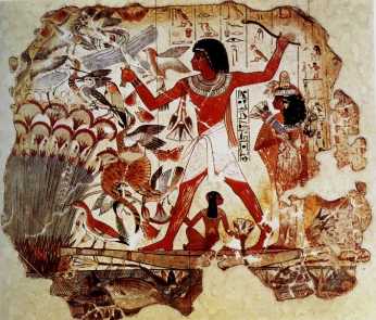 La caccia: pittura tombale egiziana XV sec.a.C.-Londra British Museum.Le pitture egizie sono estremamente delicate e sensibili all'umidità, questo perchè i pigmenti sono stati probabilmente stemperati con acqua e un legante solubile come la gomma o la gelatina.