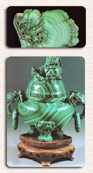 In alto: Aggregato microcristallino di malachite  In basso: Bruciaprofumi per incenso in malachite di arte orientale 