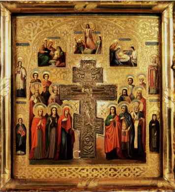 Crocifissione. Icona composita rappresentante la Cocifissione, le feste e Santi. Al centro la croce  fusa in bronzo. Particolarmente ricca la decorazione in oro zecchino.